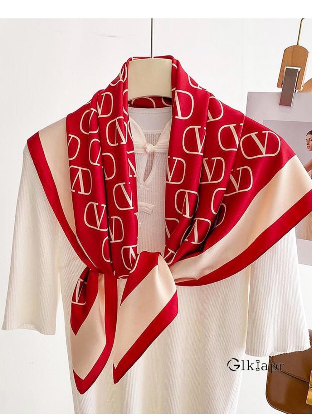 Red and Cream Logo Silk-Effect Square Scarf